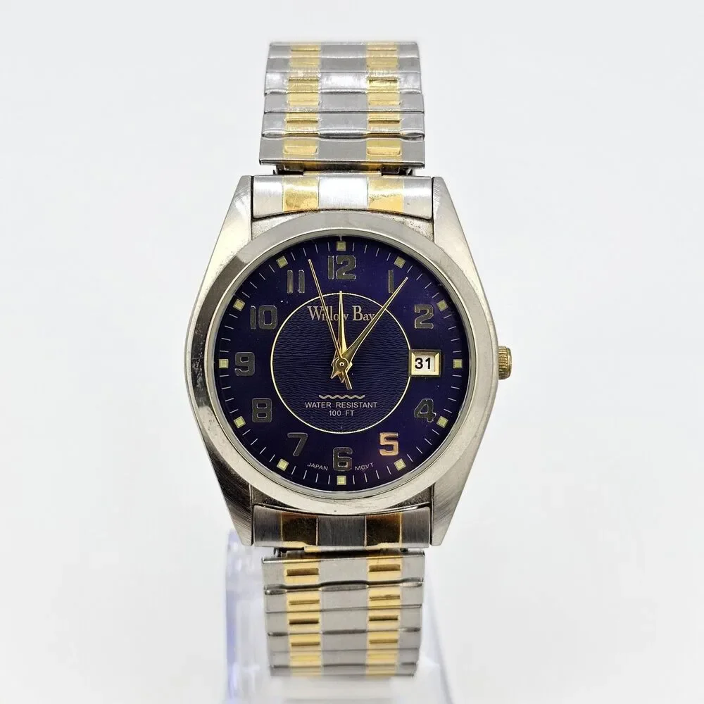 Willow Bay Men's Watch 36MM Blue Dial Date Two Tone Expandable Band New Battery‎
